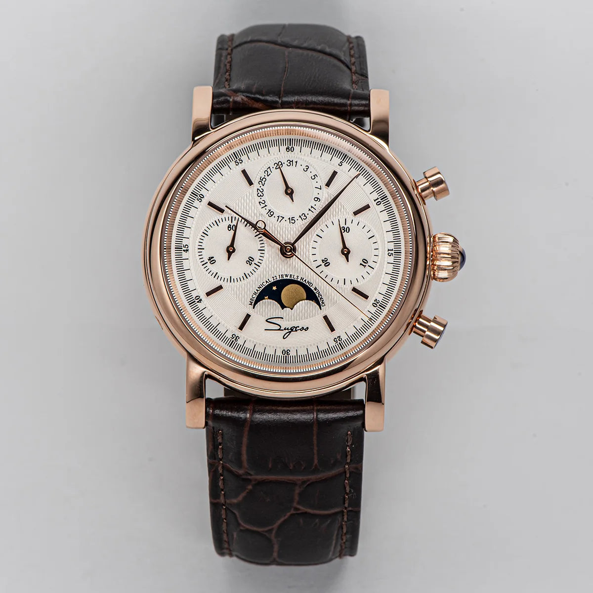 Sugess ST1908 Mechanical Chronograph Watch – Moonphase Vintage BK Dial Sapphire Crystal Waterproof Wristwatch