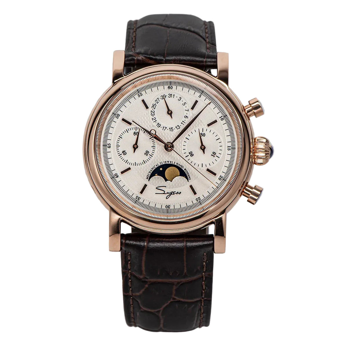 Sugess ST1908 Mechanical Chronograph Watch – Moonphase Vintage BK Dial Sapphire Crystal Waterproof Wristwatch