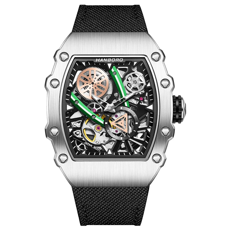 HANBORO Men’s Automatic Watch – 40.5mm Tonneau Skeleton Dial Mechanical Waterproof Wristwatch