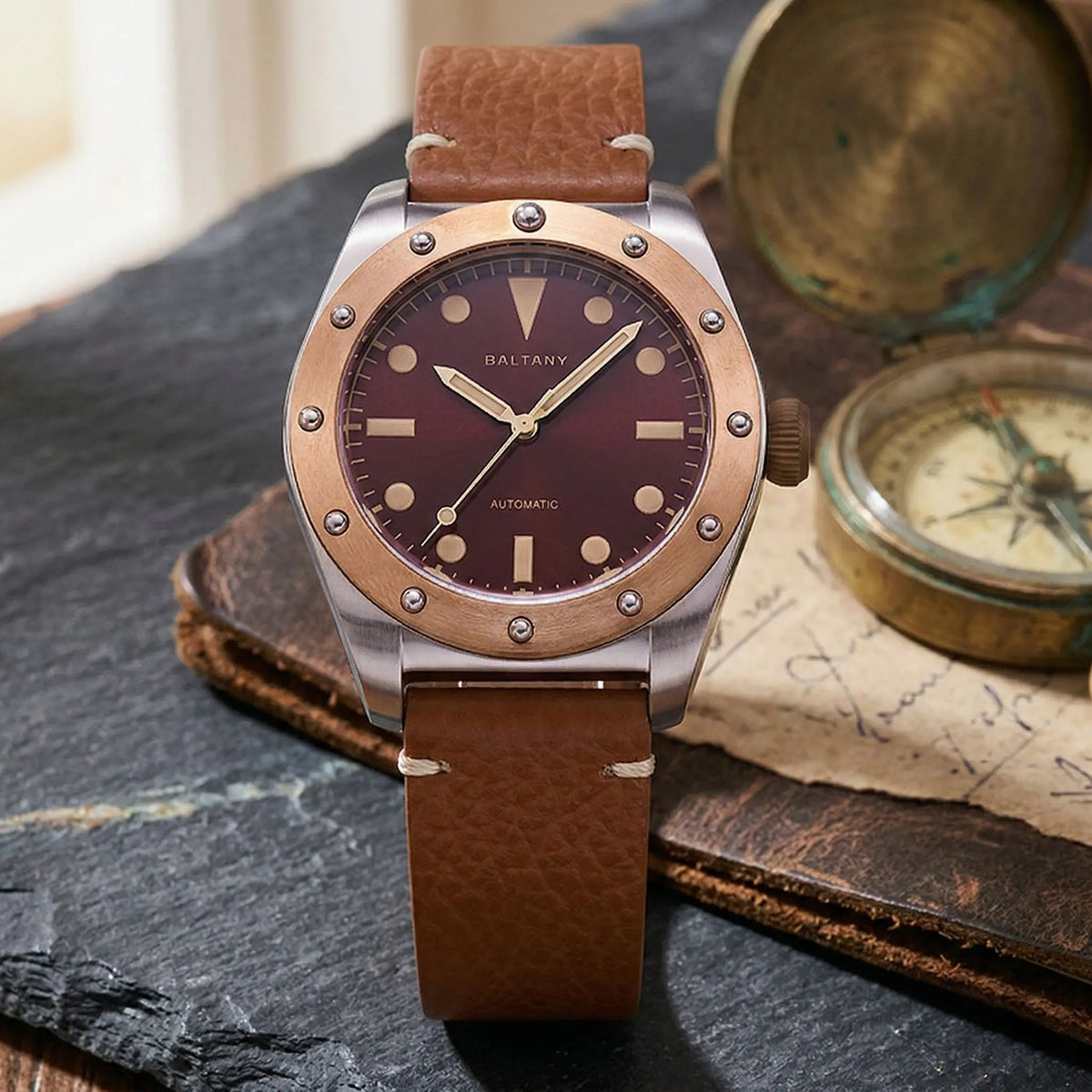 Baltany Men’s Bronze Automatic Watch 40mm – Vintage Style, 200m Water Resistant, Luminous, Leather Strap