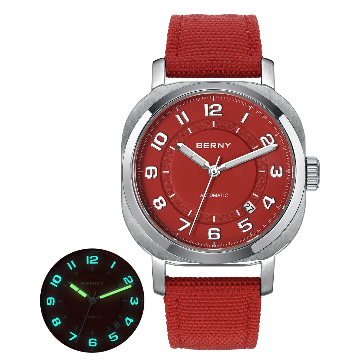 BERNY Women's Automatic Cushion Watch – Sapphire Luminous Canvas Strap Calendar