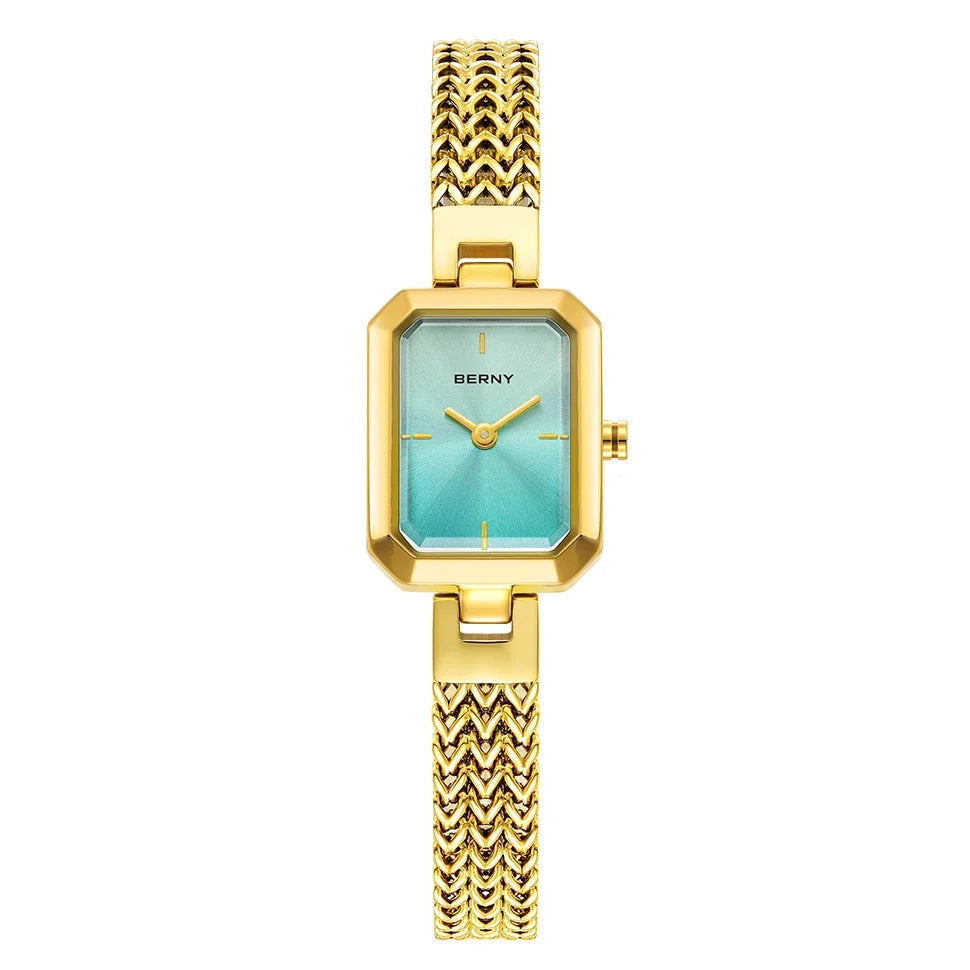 BERNY Women's Rectangle Gold Quartz Watch – Minimalist Stainless Steel 3ATM