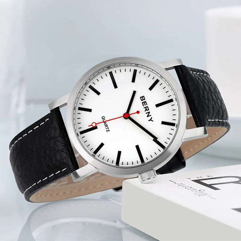 BERNY Men's Quartz Watch – Leather Strap Track Style Waterproof