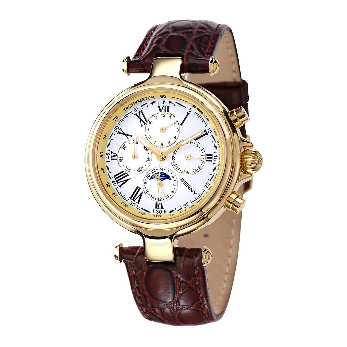 BERNY Men’s Automatic Dress Watch – Sun & Moon Phase, Leather Strap