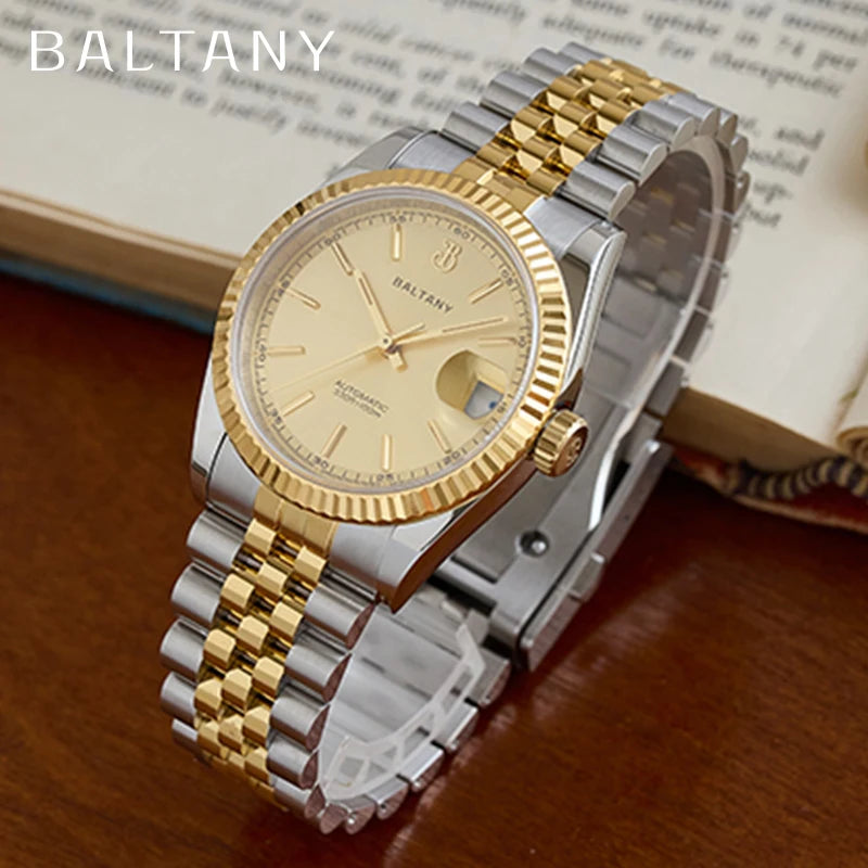 Baltany S4084 Men’s Automatic Dress Watch 36mm – Gold Tone, NH35 Movement, Stainless Steel Bracelet, Water Resistant