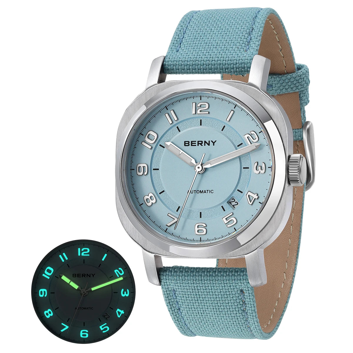 BERNY Women's Automatic Cushion Watch – Sapphire Luminous Canvas Strap Calendar