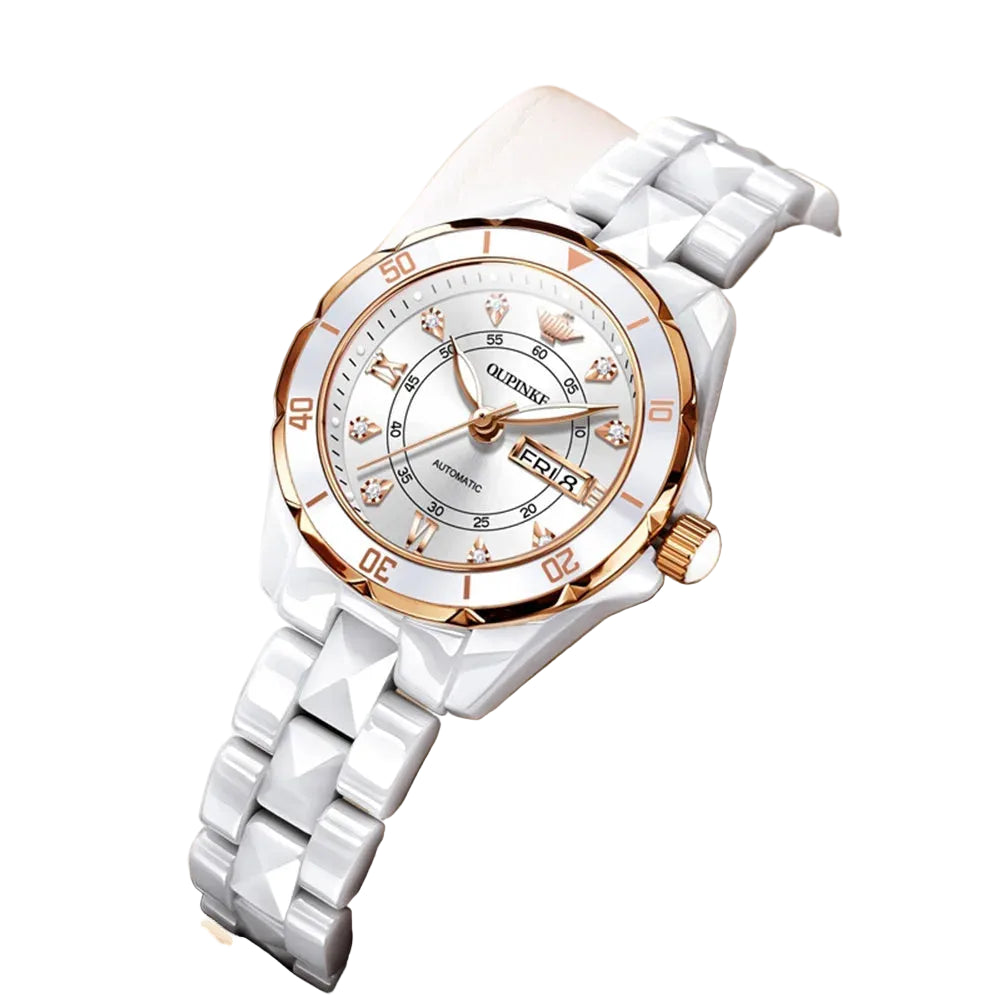 OUPINKE 3301 Women's Automatic Watch – Week Date Ceramic Strap Elegant