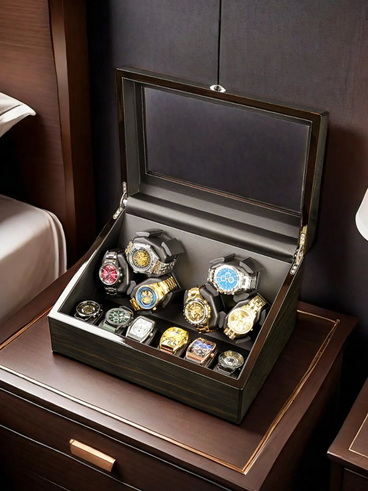 Ebony Wood Watch Winder Box – 3/6 Slot Automatic Watch Rotator with LED Light & Silent 5 Modes Storage Case