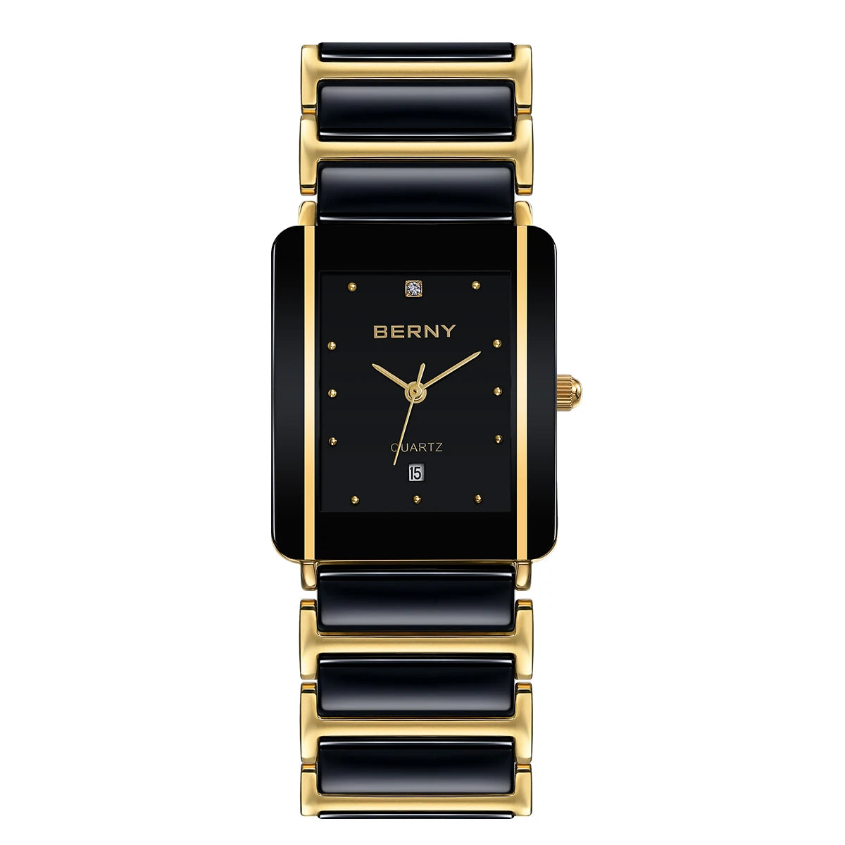 BERNY XV12 Men's Quartz Watch – Ceramic Rectangle Black Gold Diamond Waterproof