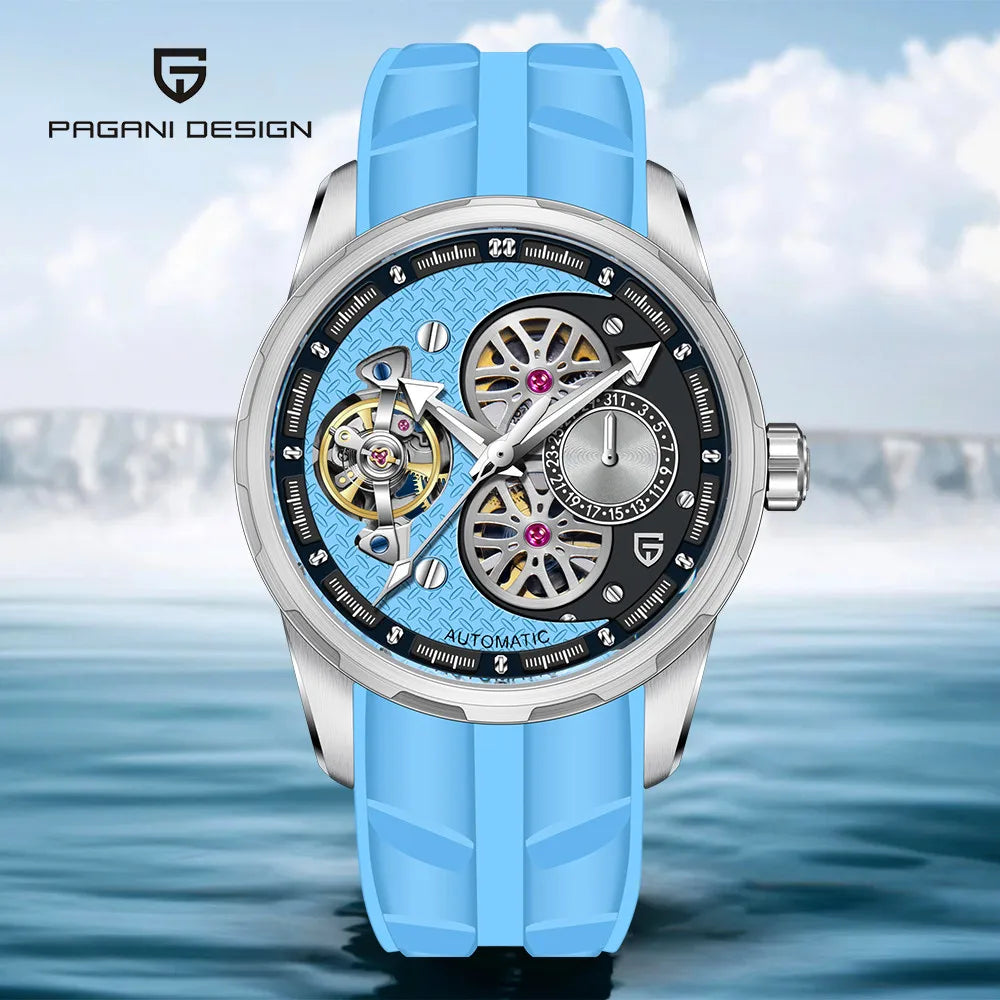 PAGANI DESIGN Men’s Automatic Skeleton Watch – Sapphire Crystal, 100m Water Resistant, Tourbillon Style