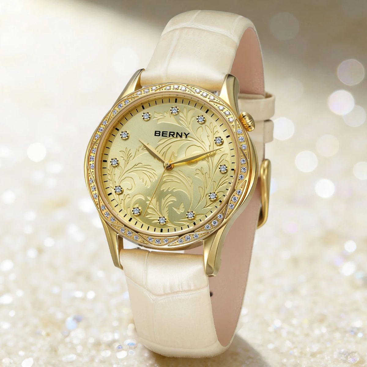BERNY Women’s Diamond Watch – Gold Quartz, Genuine Leather Strap