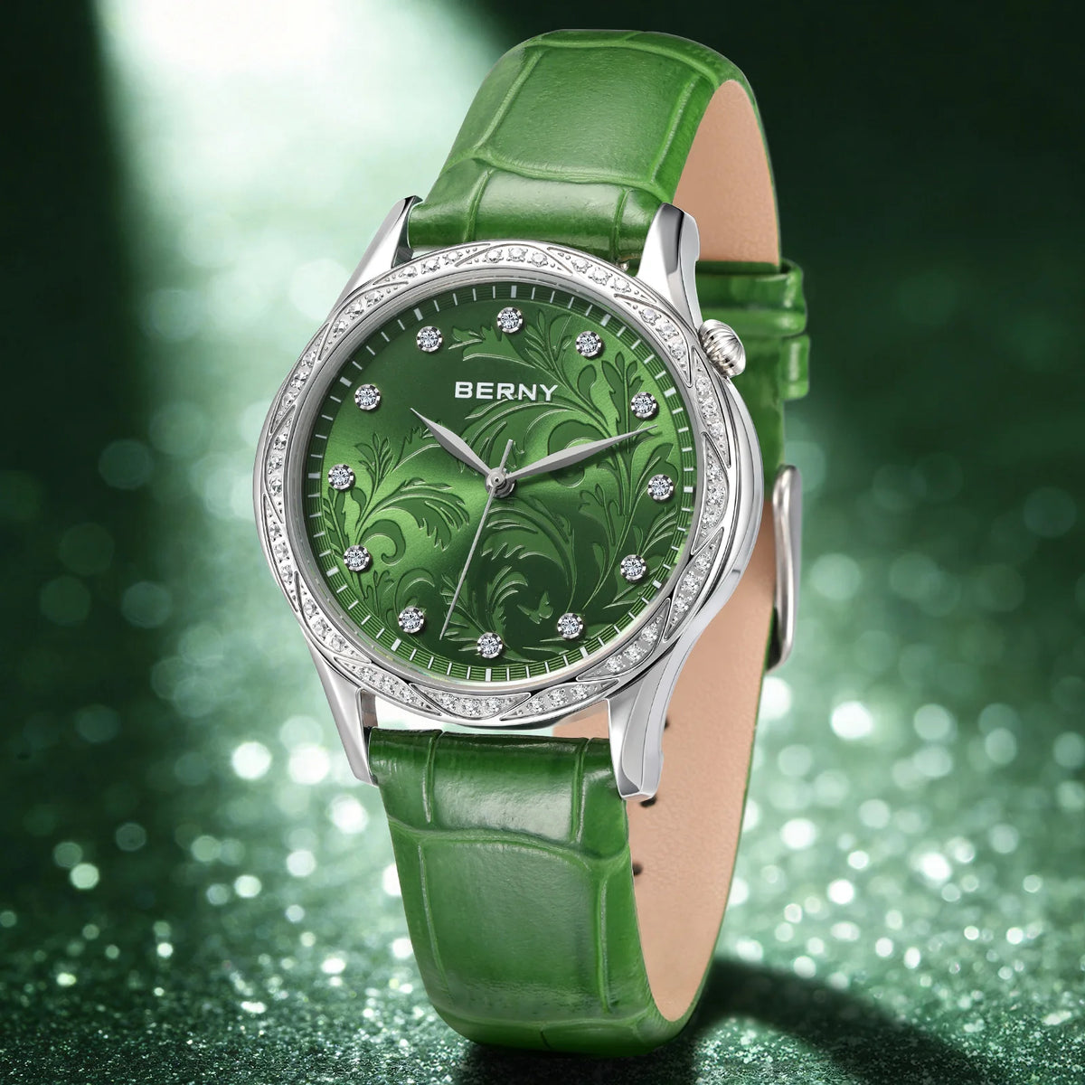 BERNY Women's Quartz Watch – Engraved Dial Diamond Gold Case Leather Strap