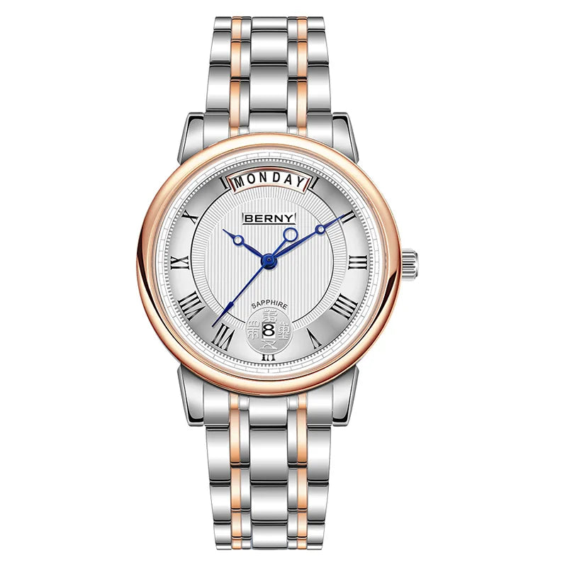 BERNY Women’s Quartz Watch – Roman Numerals, Day & Date, Sapphire Glass, Stainless Steel Strap