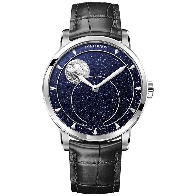 AGELOCER Men’s Moon Phase Watch – Blue Aventurine Dial, 29.5-Day Display, Luxury Automatic Wristwatch