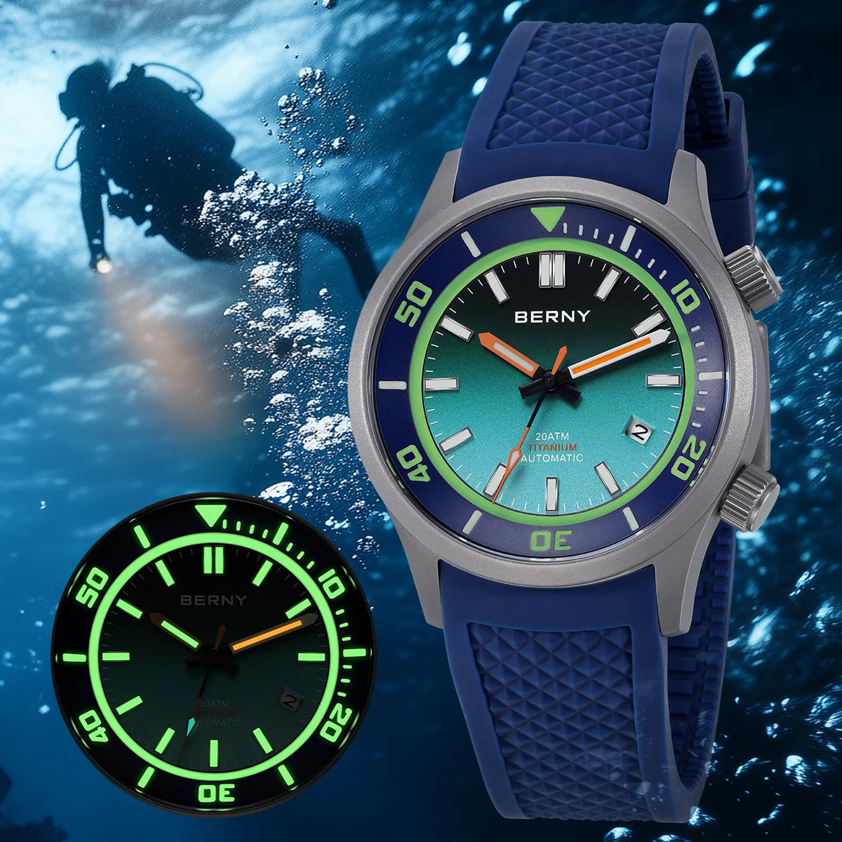 BERNY Men's Titanium Automatic Diver Watch – 20ATM, Sapphire, Miyota 8215