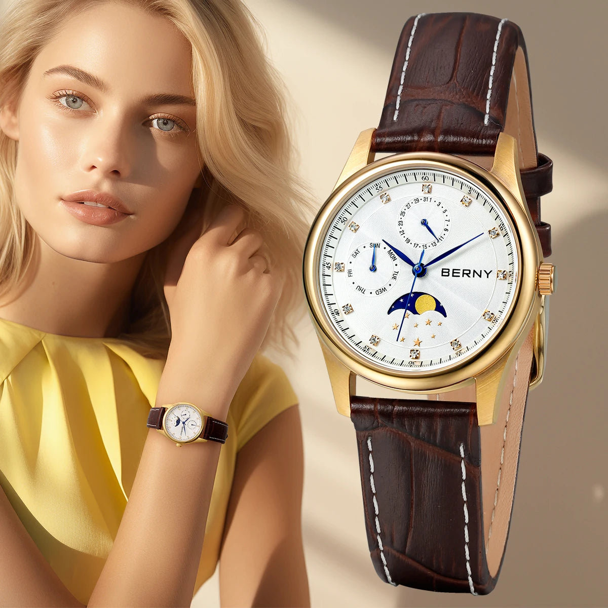 BERNY Watch for Women Calendar Date Week Moon Phase Quartz Women's Watches Leather Strap Elegant Casual Ladies Girl Wristwatch