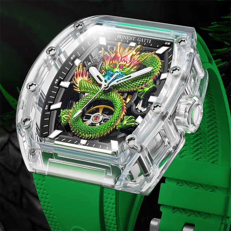 BONEST GATTI Men’s Automatic Skeleton Watch – Dragon Pattern, Crystal Case, Luxury Mechanical