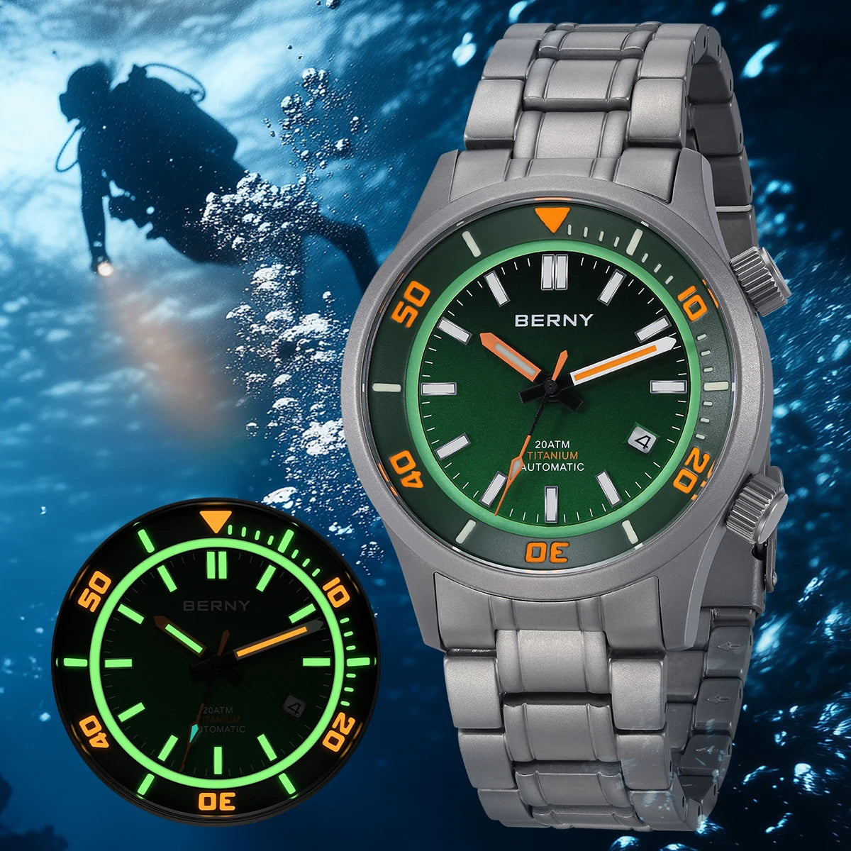 BERNY Men’s Titanium Diver Watch – Automatic, 20ATM