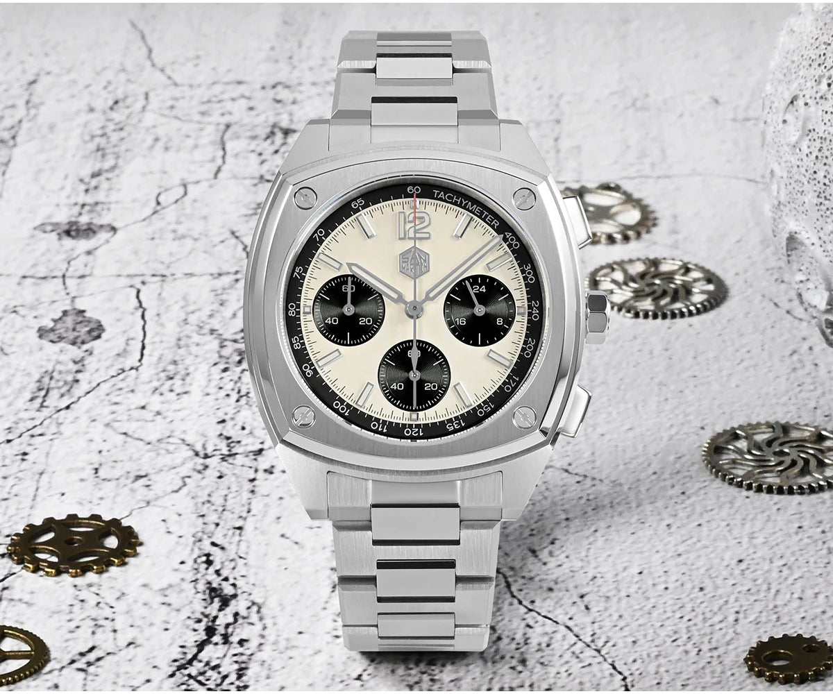 San Martin Men's Chronograph Watch 39.5mm – VK63 Quartz Panda Dial 100M Waterproof Sapphire