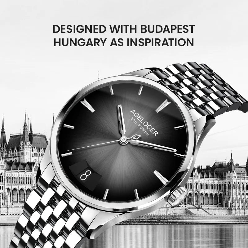 AGELOCER Budapest Men's Automatic Watch – Steel Strap Business Dress with Calendar