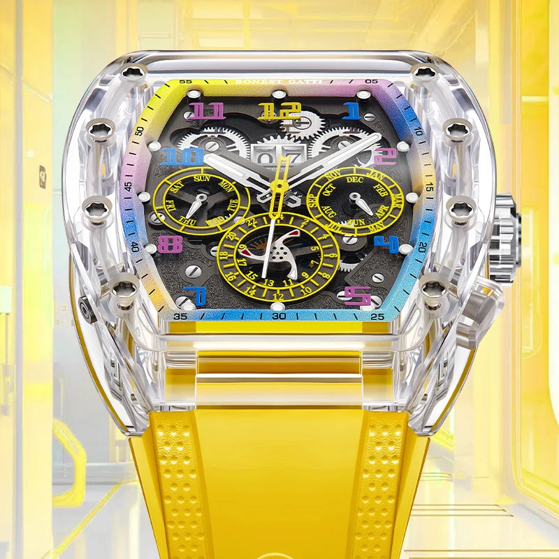 BONEST GATTI Men’s Automatic Tonneau Watch – Mechanical, Crystal Case, Rubber Strap, Multi Dial, Month/Date Display