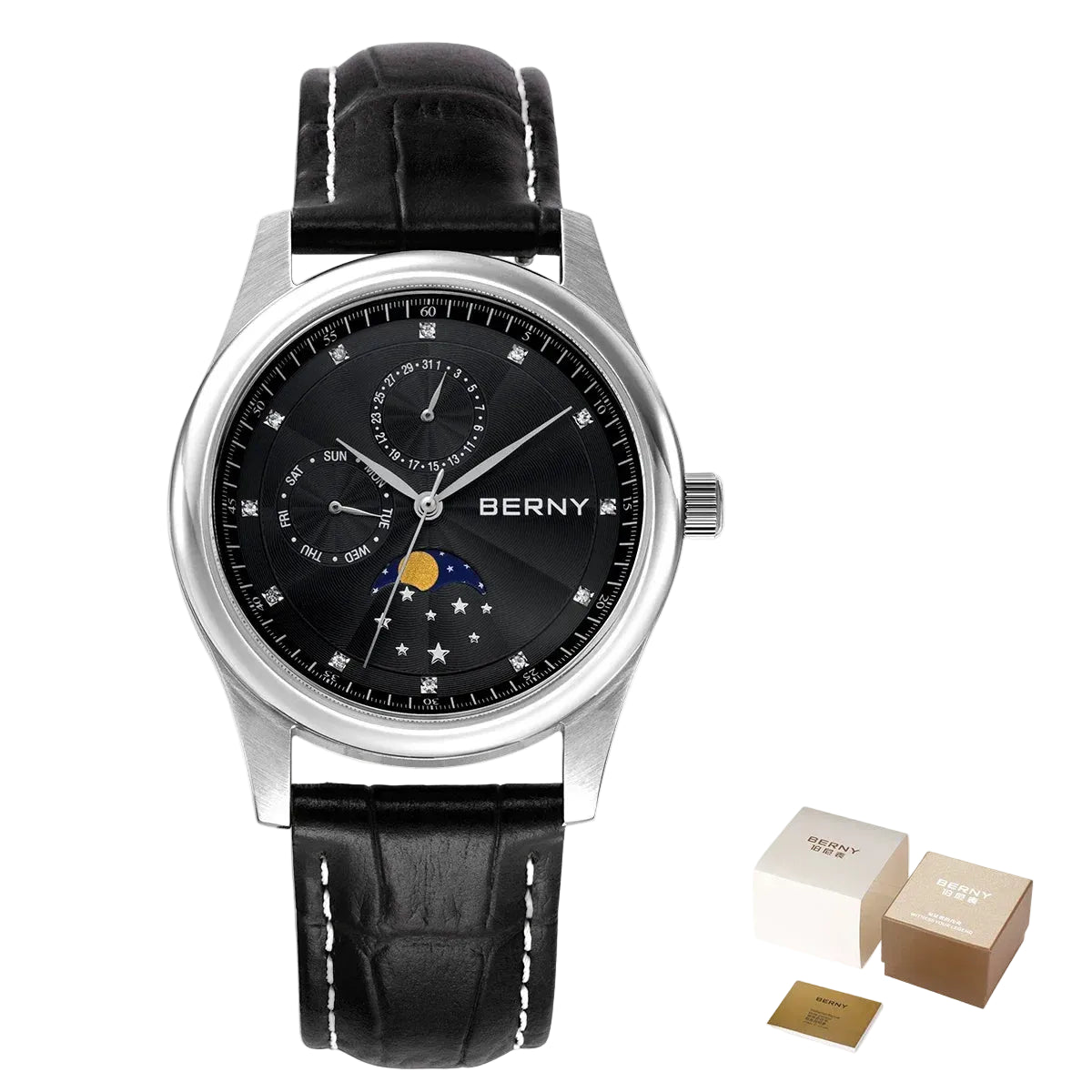 BERNY Men's Moon Phase Quartz Watch – Stainless Steel & Leather Dress Watch with Date & Week Display