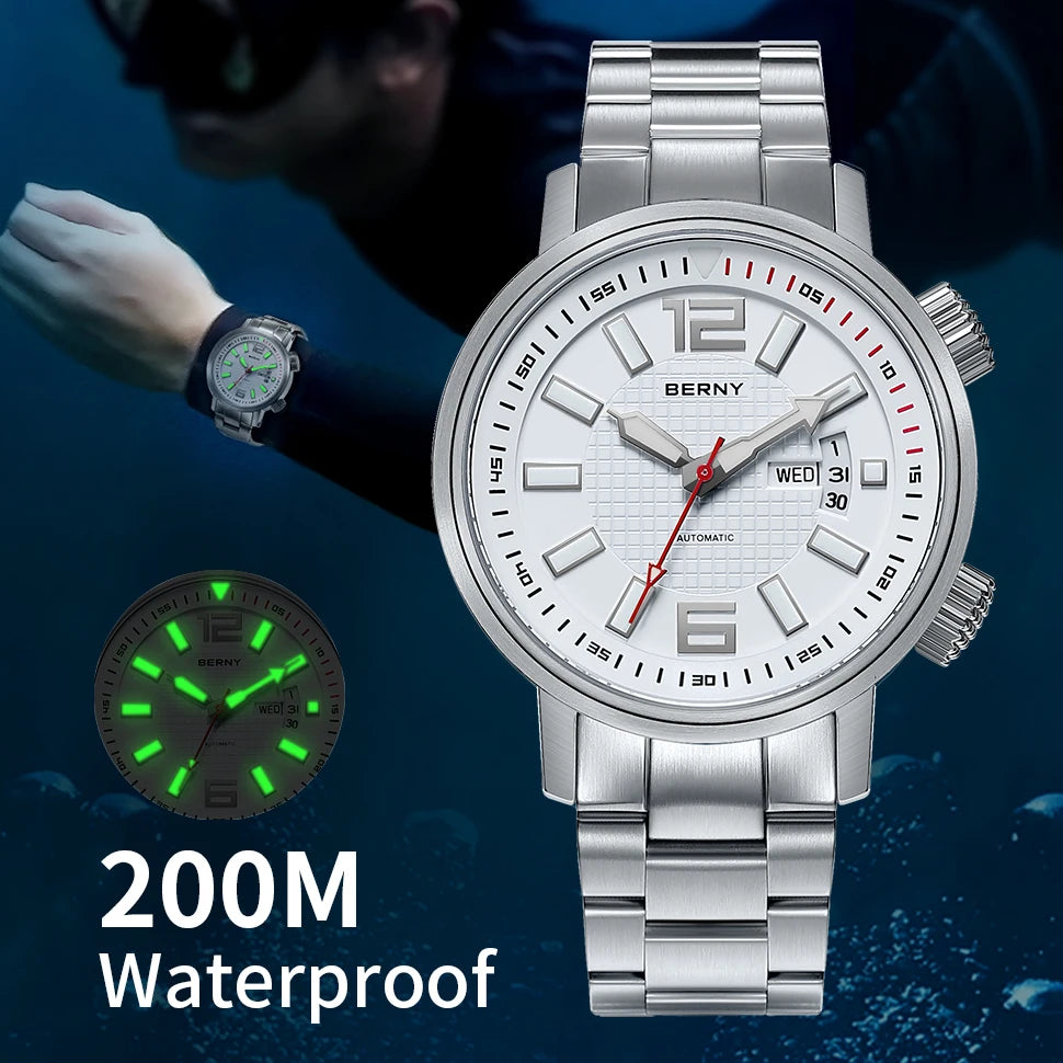 BERNY Men's Automatic Diver Watch – 20ATM Waterproof, Miyota 8205, Sapphire
