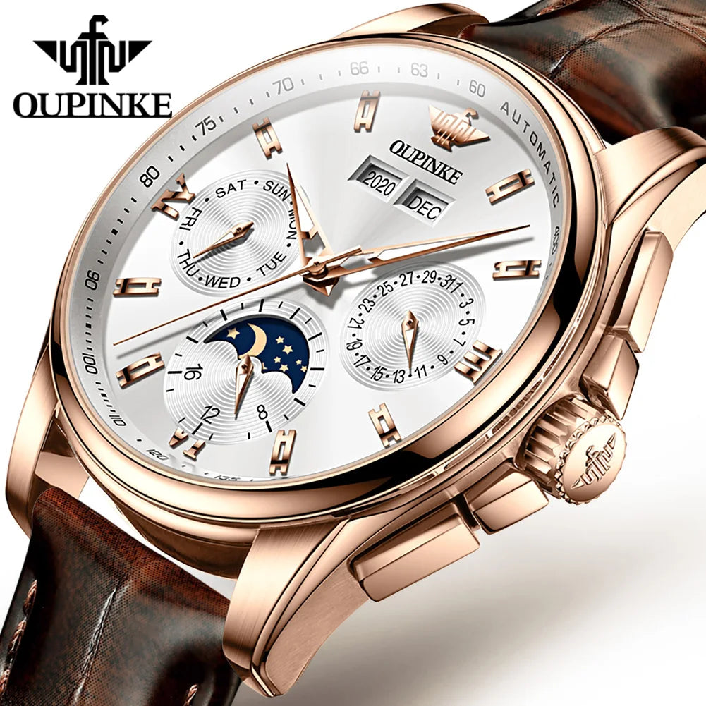 OUPINKE 3189 Men's Automatic Watch – Moon Phase Leather Strap Waterproof