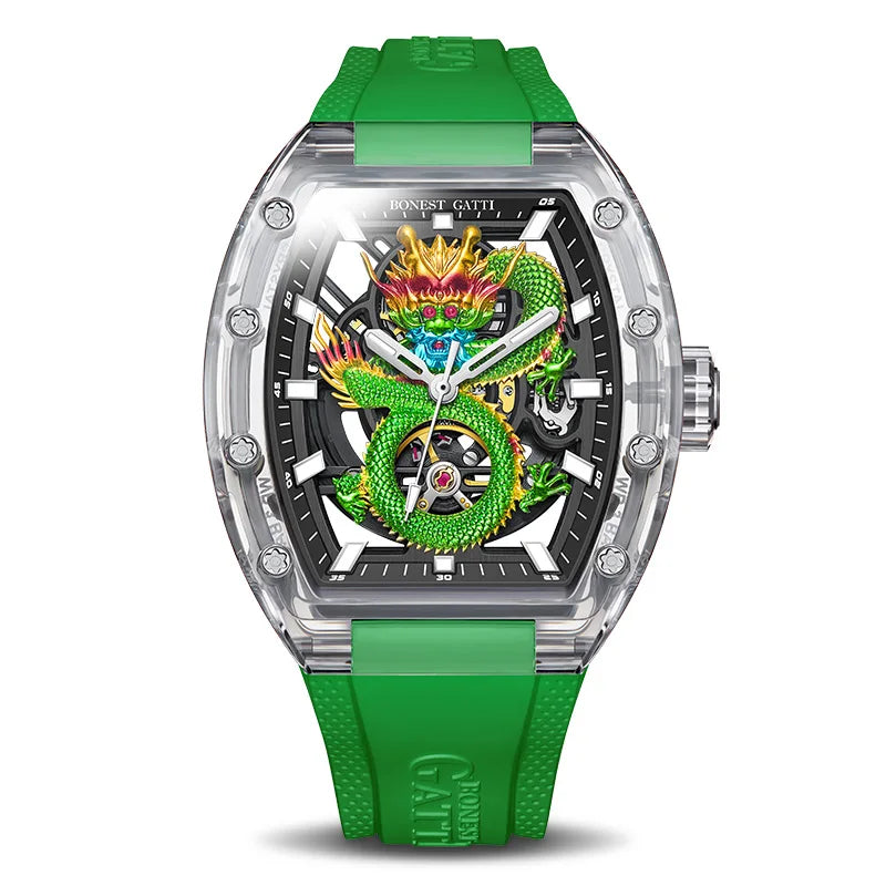 BONEST GATTI Men’s Automatic Skeleton Watch – Dragon Pattern, Crystal Case, Luxury Mechanical