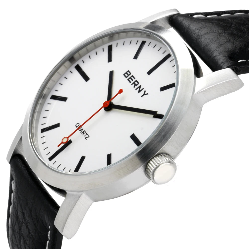 BERNY Men's Quartz Watch – Leather Strap Track Style Waterproof