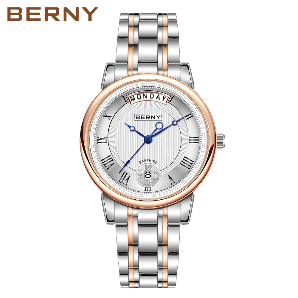 BERNY Women’s Quartz Watch – Roman Numerals, Day & Date, Sapphire Glass, Stainless Steel Strap