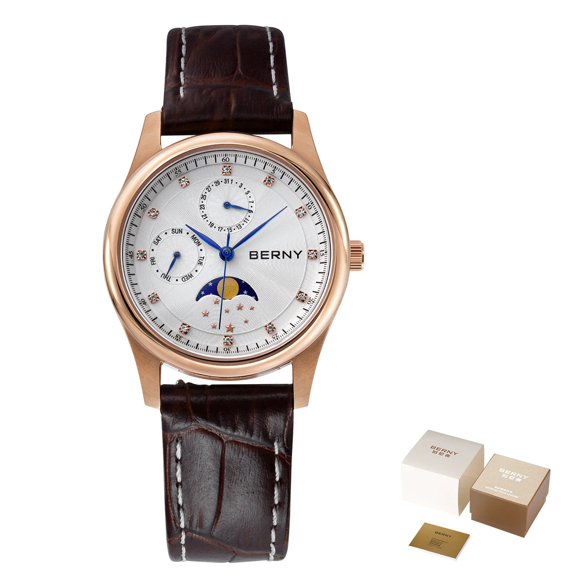 BERNY Watch for Women Calendar Date Week Moon Phase Quartz Women's Watches Leather Strap Elegant Casual Ladies Girl Wristwatch
