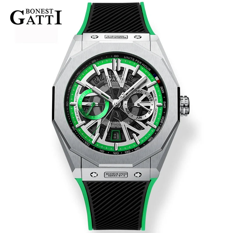 BONEST GATTI Men’s Automatic Mechanical Watch – Stainless Steel Case, Rubber Strap