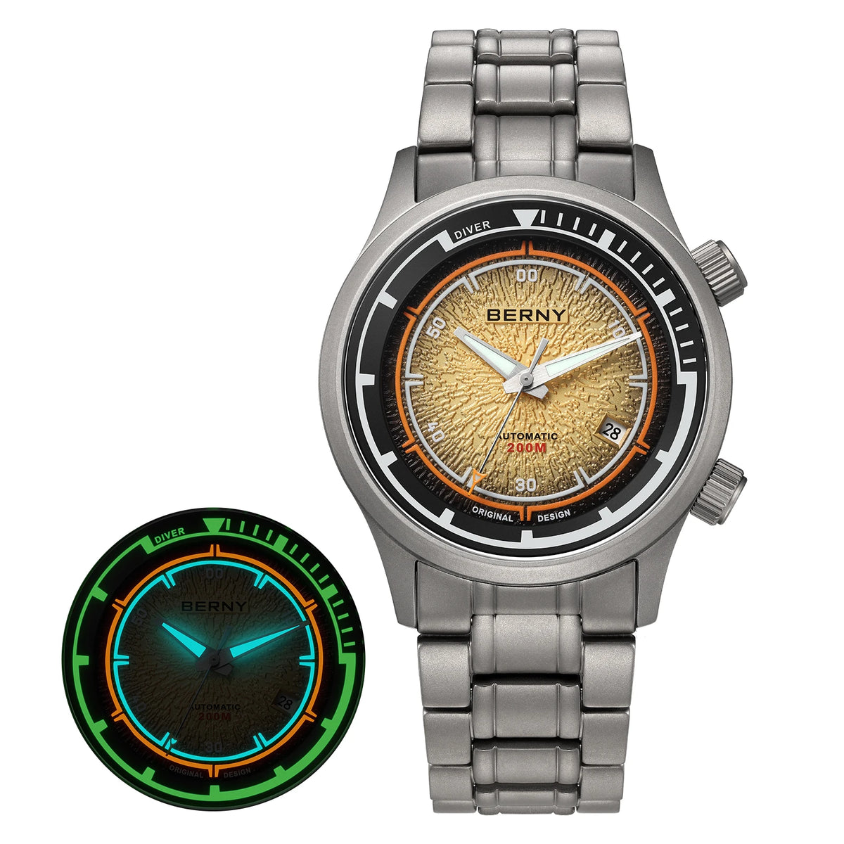BERNY Men's Titanium Automatic Diver Watch – Sapphire 200M Waterproof Luminous