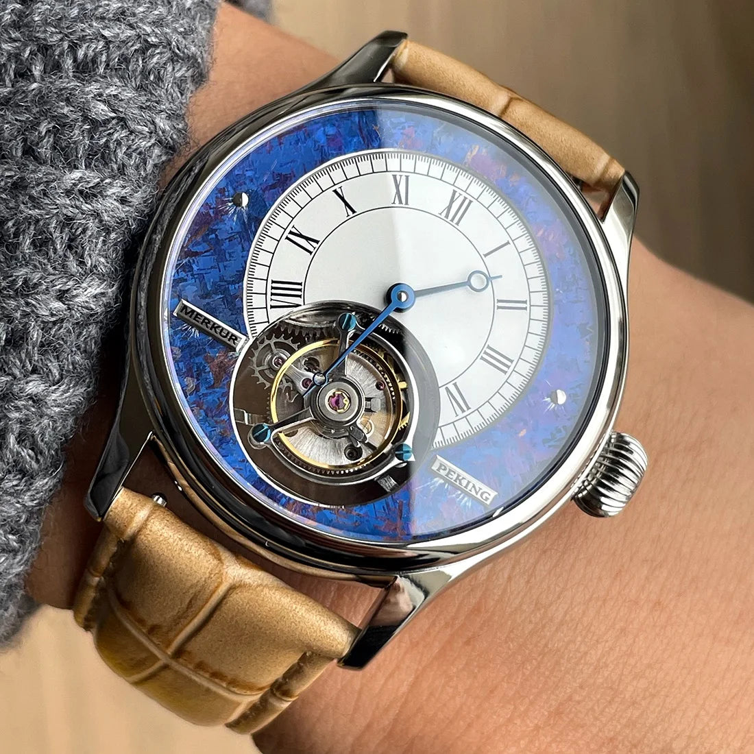 Merkur Men's Tourbillon Watch 42mm – Manual Wind Mechanical Skeleton Sapphire