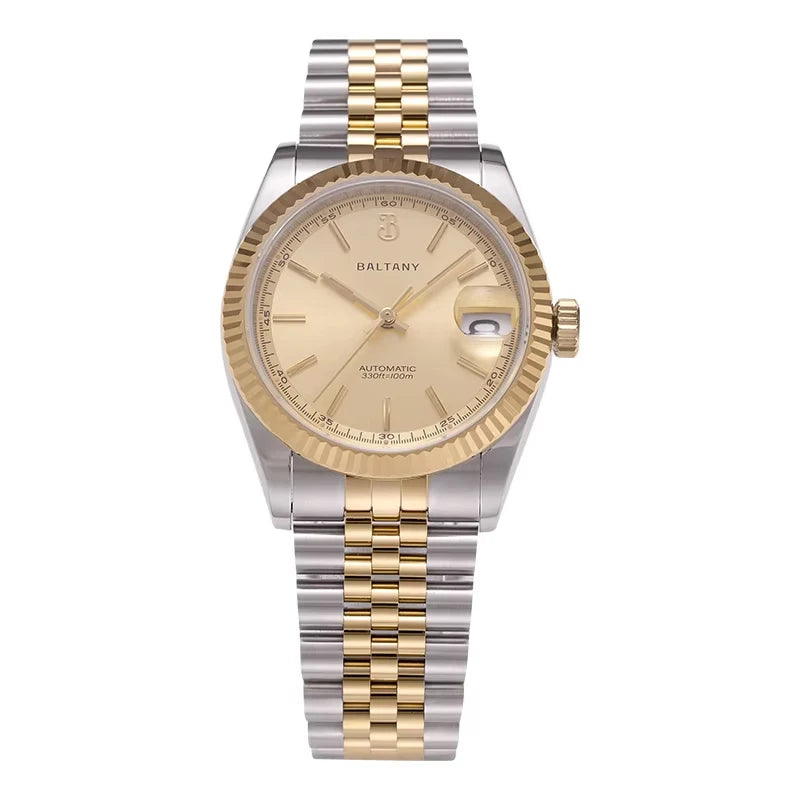 Baltany S4084 Men’s Automatic Dress Watch 36mm – Gold Tone, Fluted Bezel, NH35, Luminous, Date