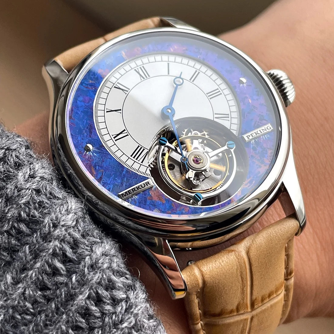 Merkur Men's Tourbillon Watch 42mm – Manual Wind Mechanical Skeleton Sapphire