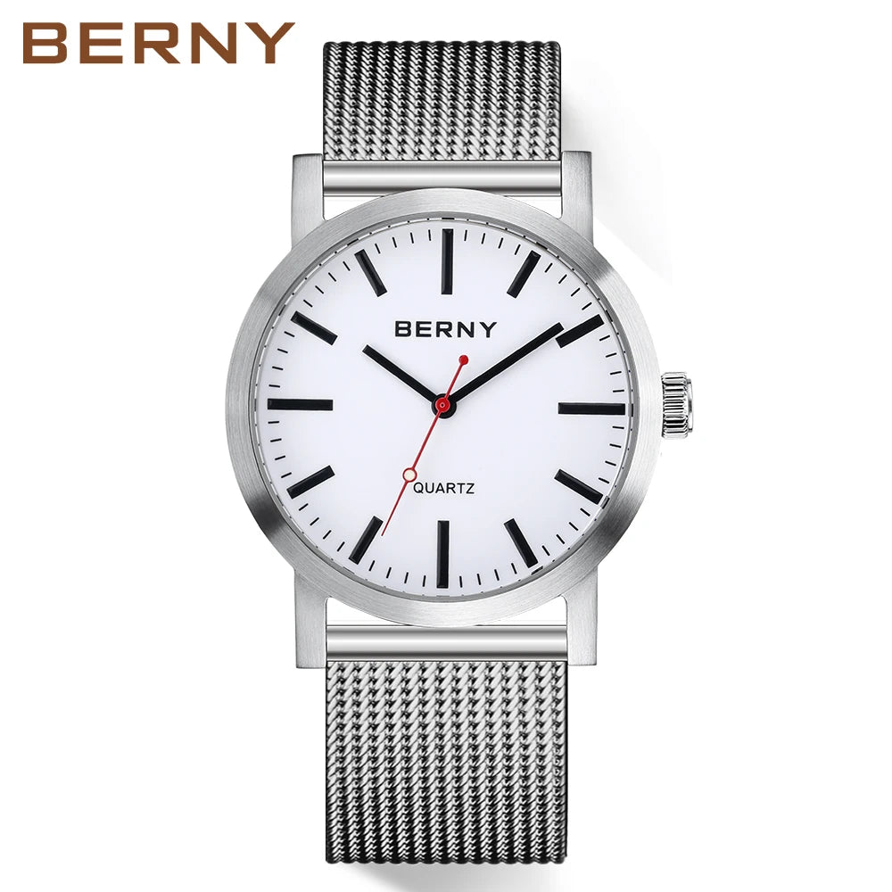 BERNY Men's Quartz Watch – Leather Strap Track Style Waterproof
