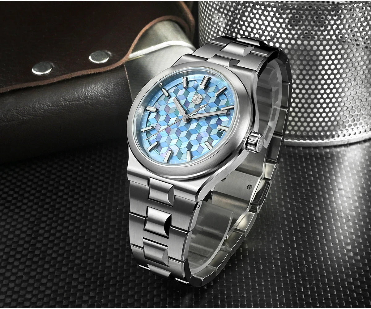 San Martin SN0149 Men’s Sports Watch – Miyota 90S5 Automatic, Spliced Mother‑of‑Pearl Dial