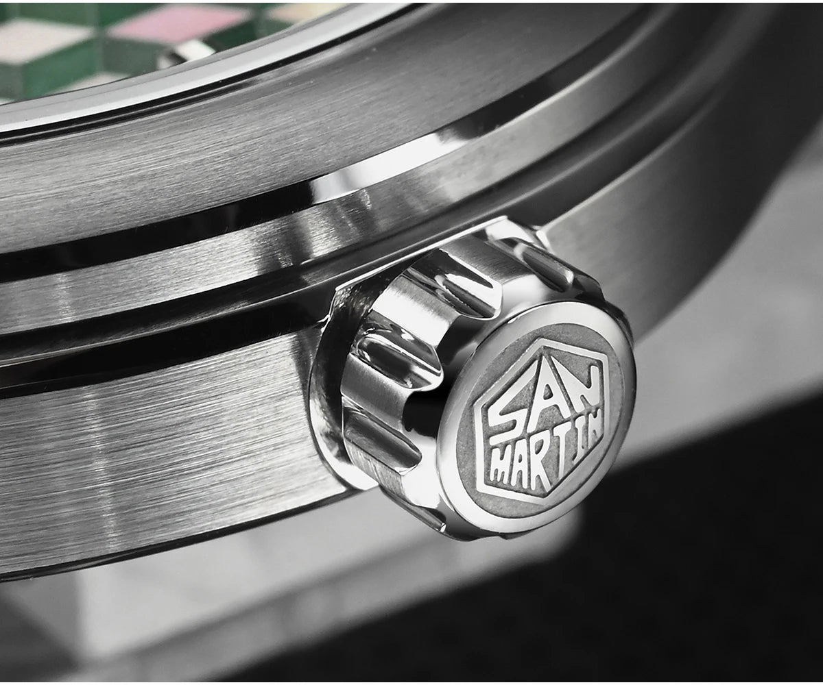 San Martin SN0149 Men’s Sports Watch – Miyota 90S5 Automatic, Spliced Mother‑of‑Pearl Dial