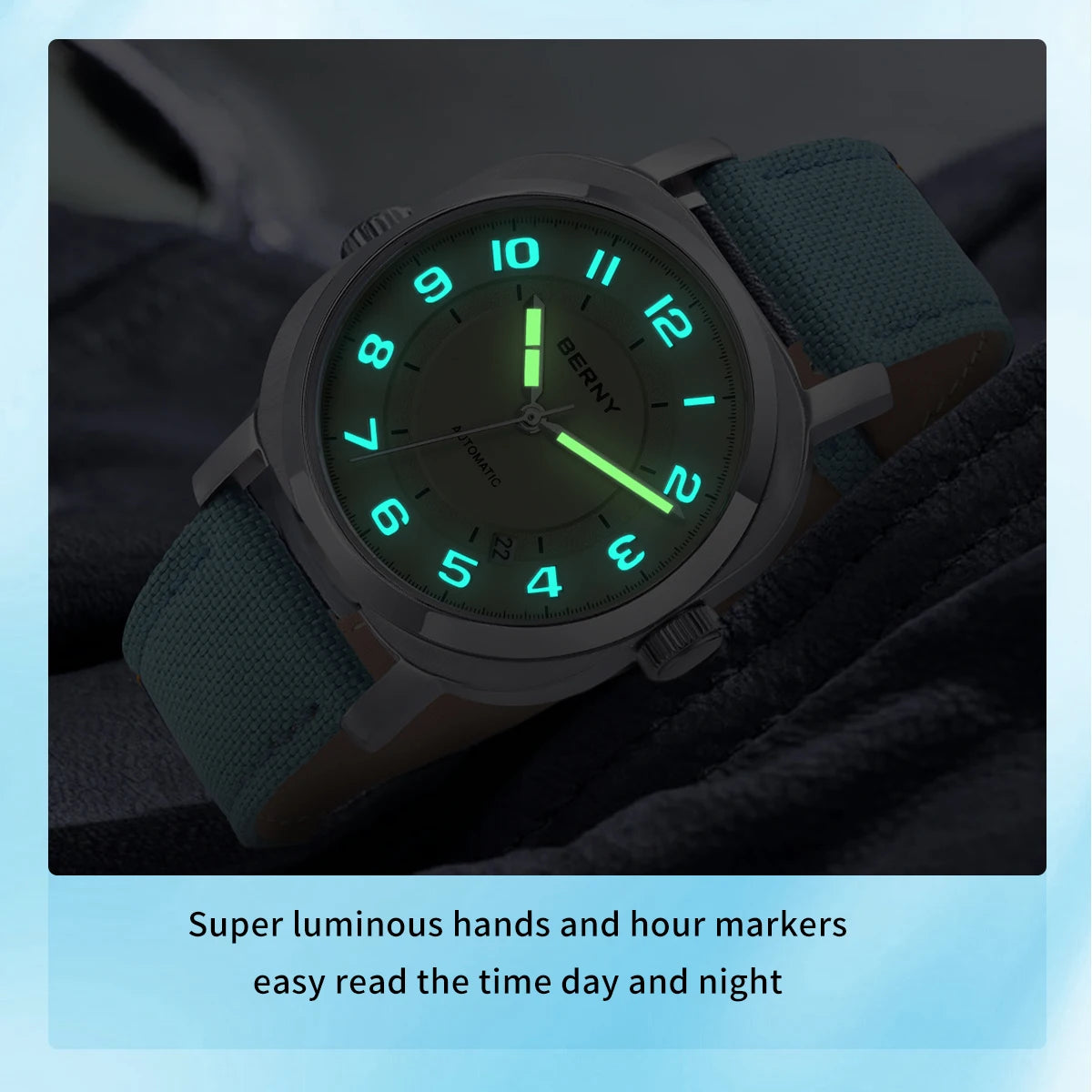 BERNY Women's Automatic Cushion Watch – Sapphire Luminous Canvas Strap Calendar
