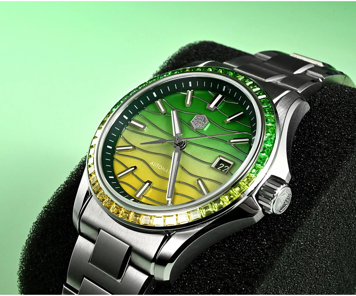 San Martin SN0150 Luxury Automatic Watch – Gemstone Bezel, MOP Dial, Miyota 9015