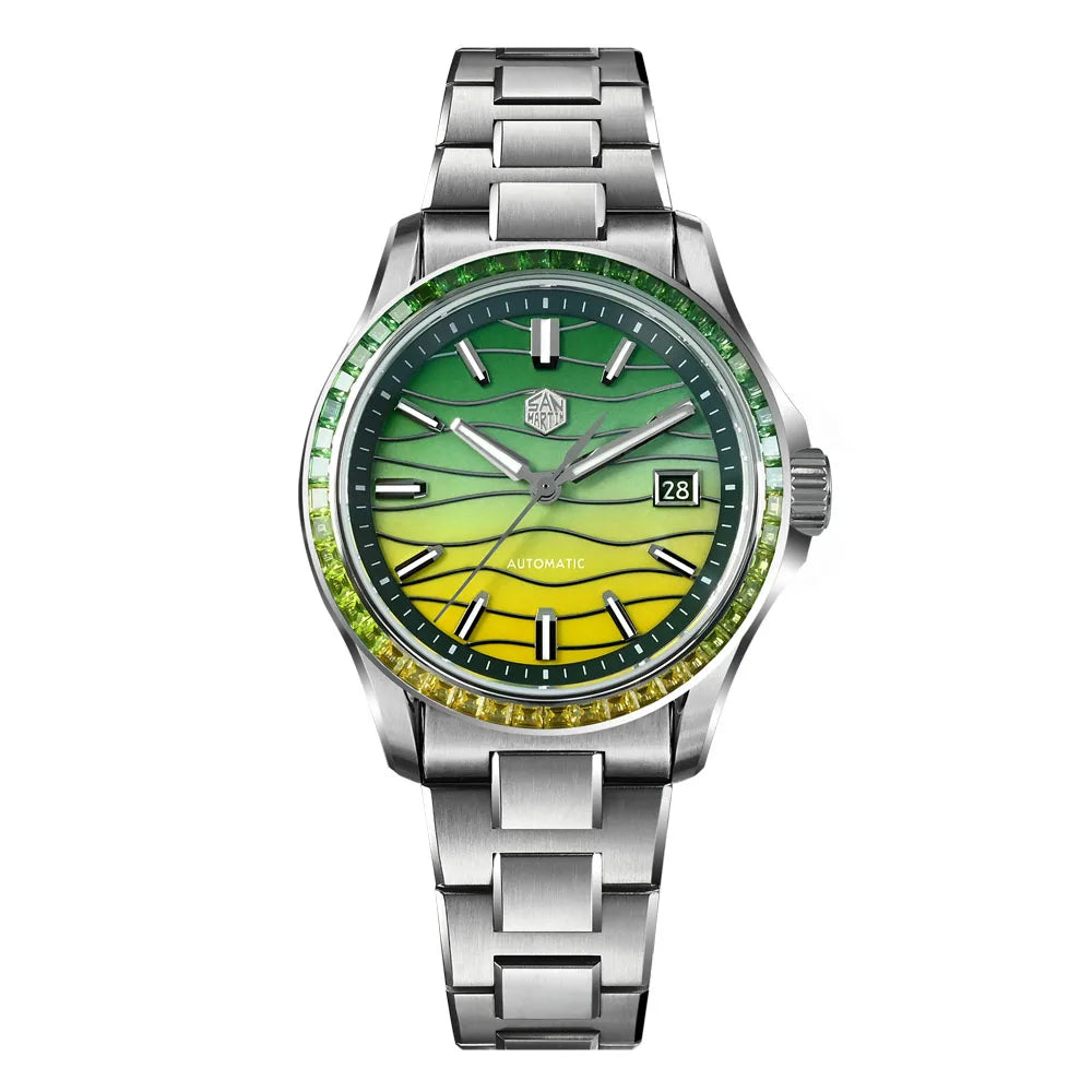 San Martin SN0150 Luxury Automatic Watch – Gemstone Bezel, MOP Dial, Miyota 9015