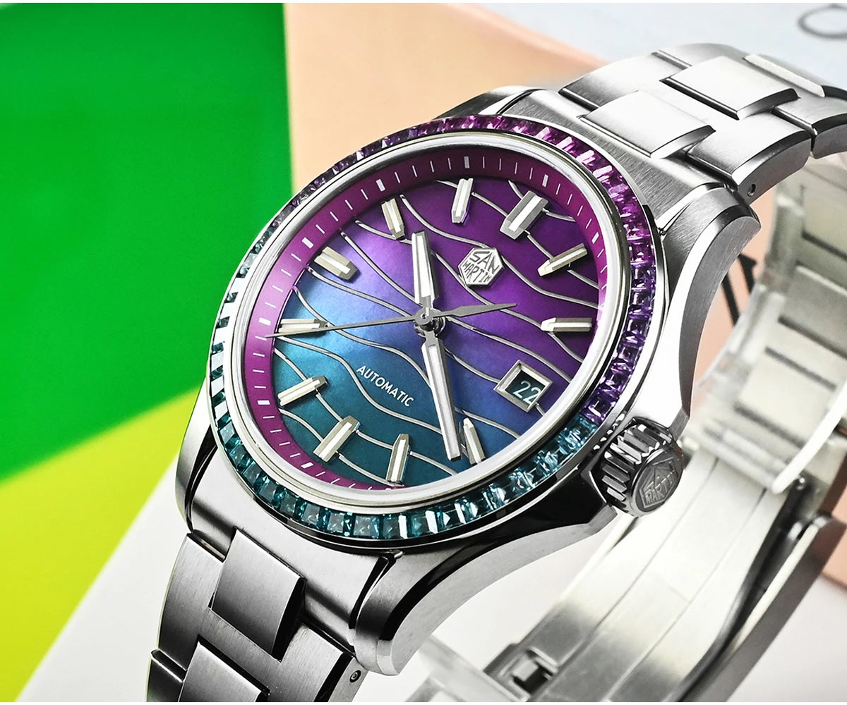 San Martin SN0150 Luxury Automatic Watch – Gemstone Bezel, MOP Dial, Miyota 9015