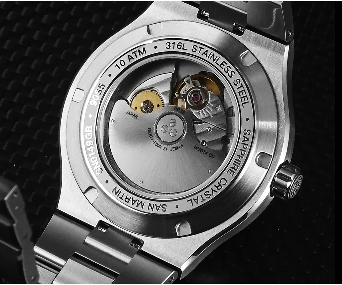 San Martin SN0149 Men’s Sports Watch – Miyota 90S5 Automatic, Spliced Mother‑of‑Pearl Dial