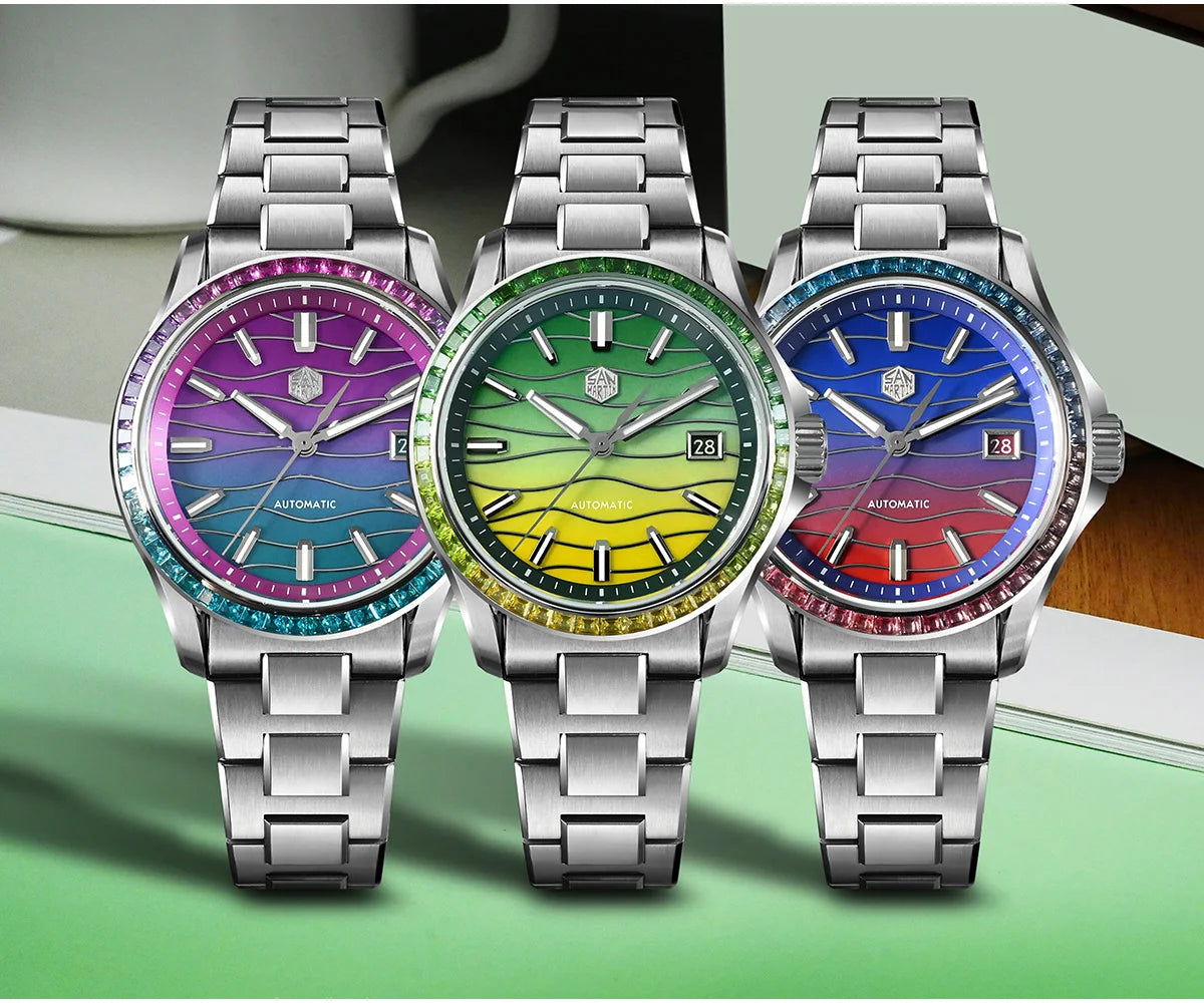 San Martin SN0150 Luxury Automatic Watch – Gemstone Bezel, MOP Dial, Miyota 9015