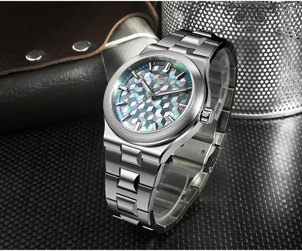 San Martin SN0149 Men’s Sports Watch – Miyota 90S5 Automatic, Spliced Mother‑of‑Pearl Dial