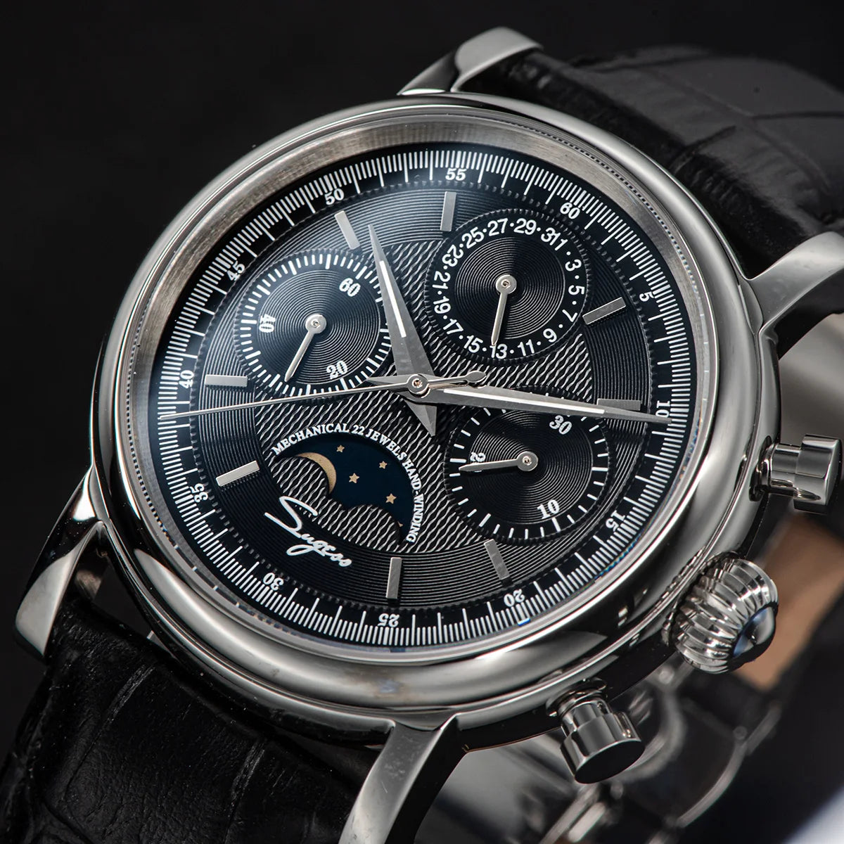 Sugess ST1908 Mechanical Chronograph Watch – Moonphase Vintage BK Dial Sapphire Crystal Waterproof Wristwatch