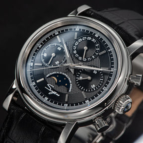 Sugess ST1908 Mechanical Chronograph Watch – Moonphase Vintage BK Dial Sapphire Crystal Waterproof Wristwatch