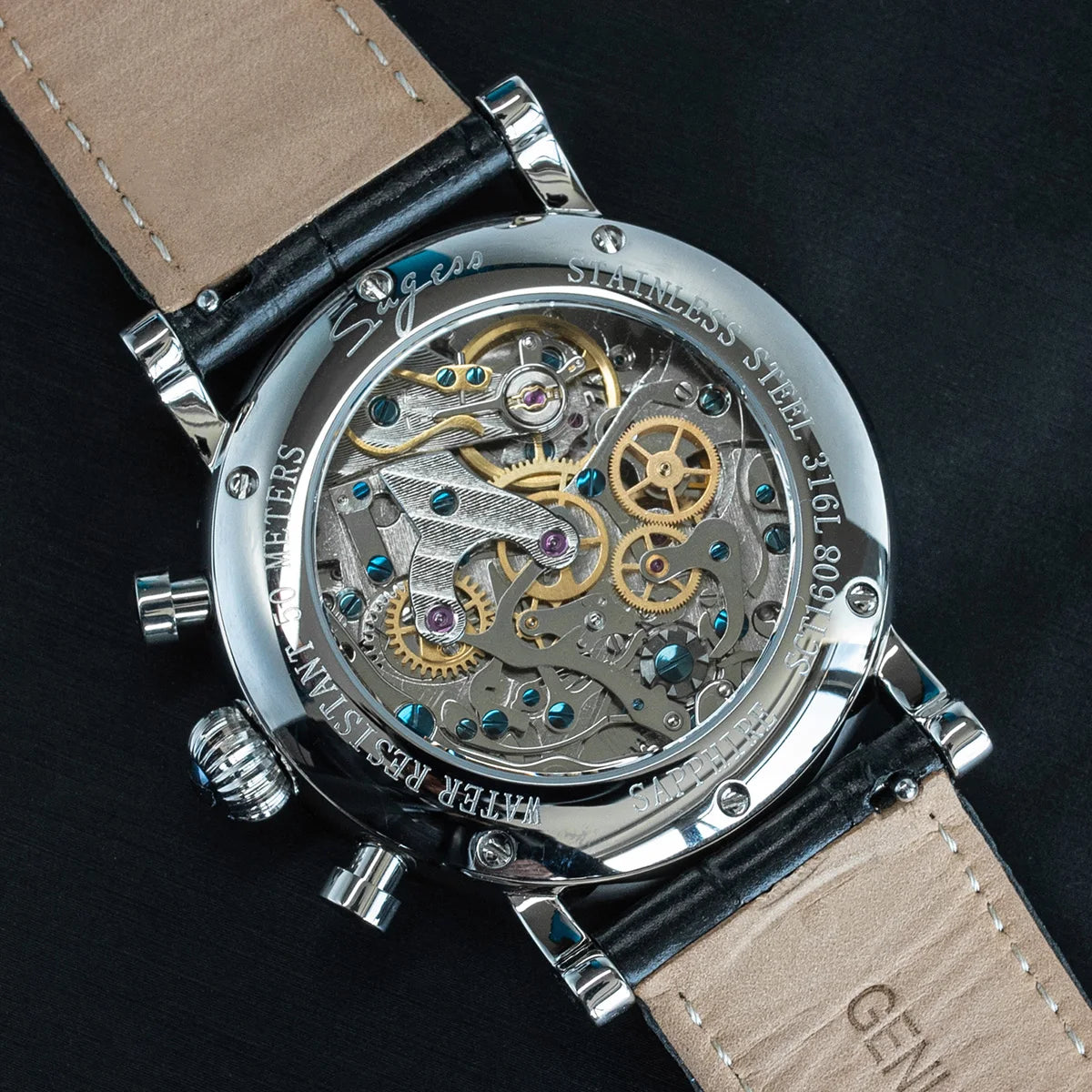 Sugess ST1908 Mechanical Chronograph Watch – Moonphase Vintage BK Dial Sapphire Crystal Waterproof Wristwatch